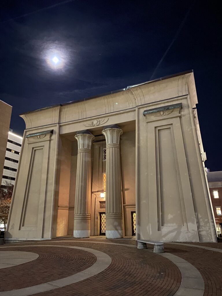 The Egyptian Building in Richmond, Virginia at night.
