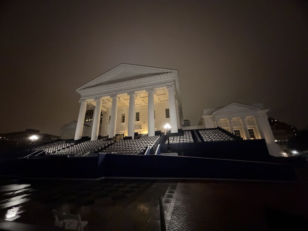 Virginia State Capitol at night.