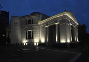 Monumental Church illuminated at night in Richmond, Virginia.